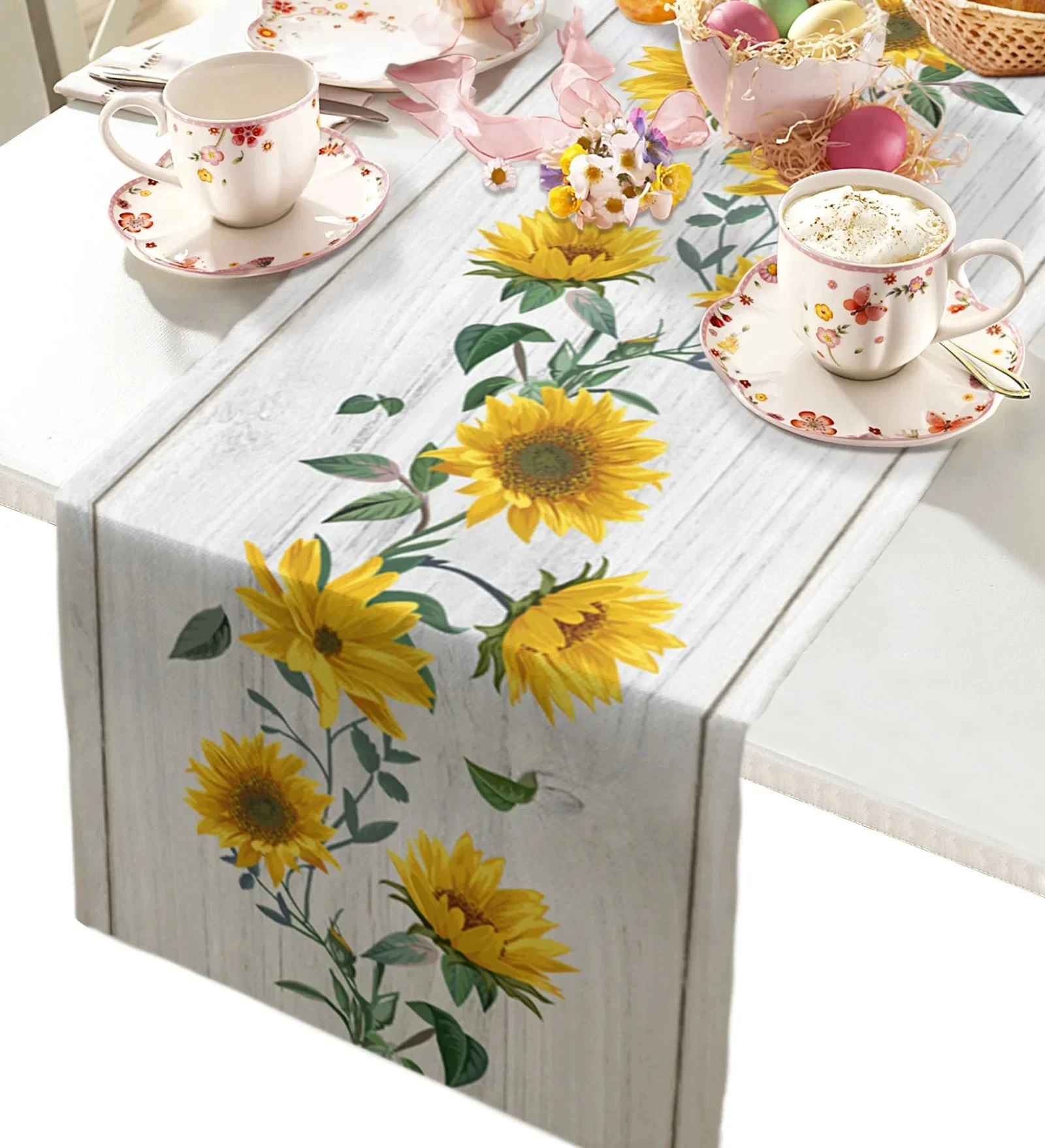 Summer Sunflower Wood Grain Linen Table Runners Dresser Scarves Reusable Farmhouse Kitchen Dining Table Runners Party Decor