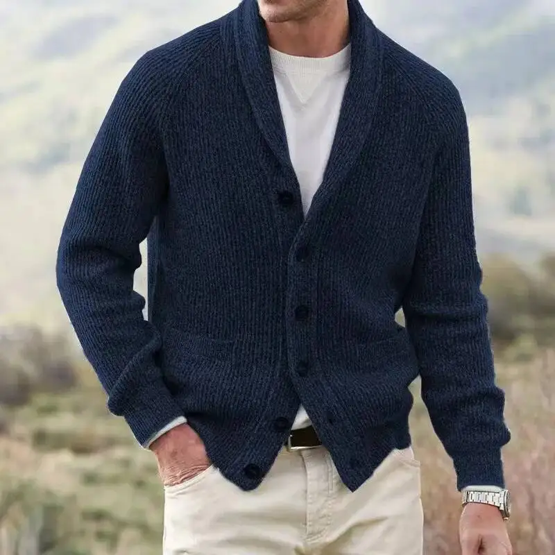 Bild 4: Herbst Winter Herren Strickpullover mit Umlegekragen Cardigan Lässiger Einfarbiger Sweatshirt Modischer Mantel Jacke Strickpullover Herrenbekleidung