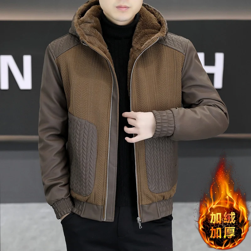 Winter Hooded Knitted Leather Jacket Men Thick Velvet Trendy Casual Luxury Leather Jacket Streetwear Social Coats Men Clothing
