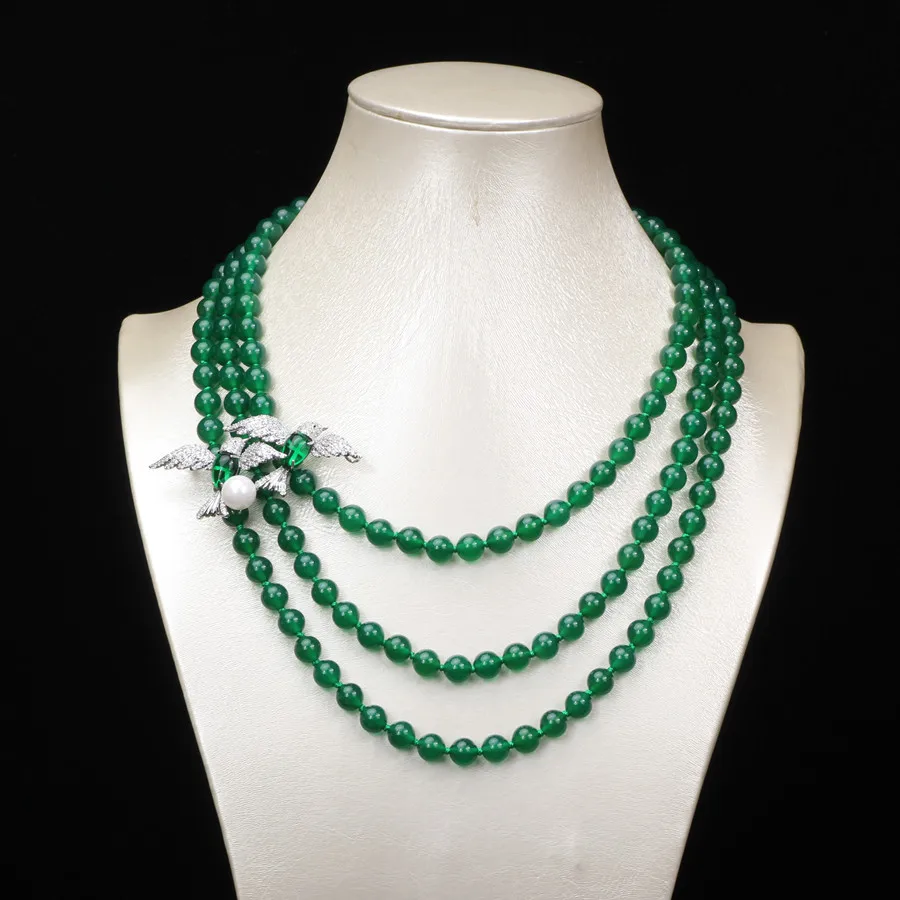 3rows green jade 8mm round bird brooch necklace FPPJ wholesale beads nature