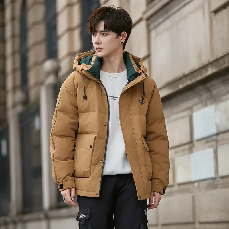 Men's New Winter Hooded Down Jacket White Duck Down Simple Warm Jacket All-Match Solid Color Coat Clothes