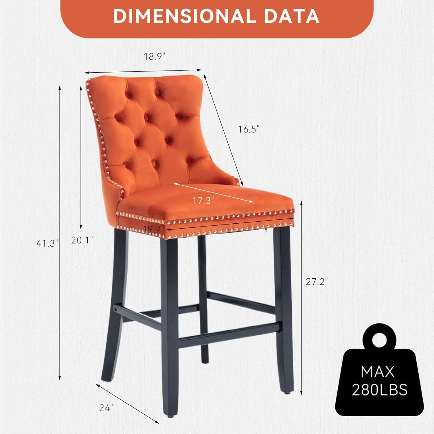 Conjunto de 2 bancos de bar de veludo com encosto, pernas de madeira, anel de metal, altura de balcão (laranja)