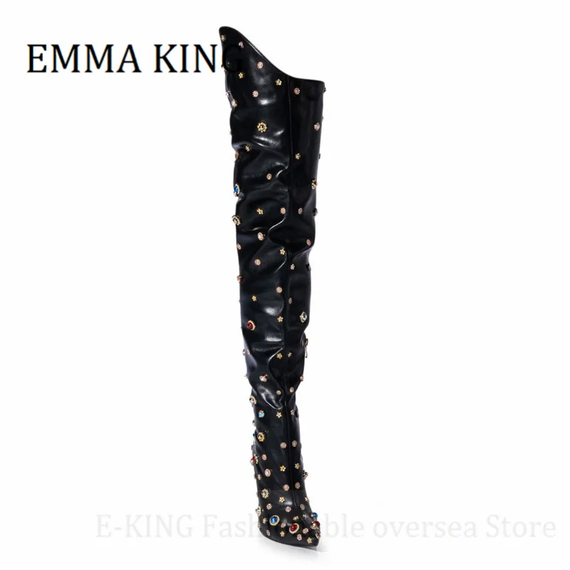 Women Rhinestone Thigh High Boots Sexy Pointed Toe Stilettos Over The Knee Boots Ladies Luxurious Dress Shoes Botas De Mujer