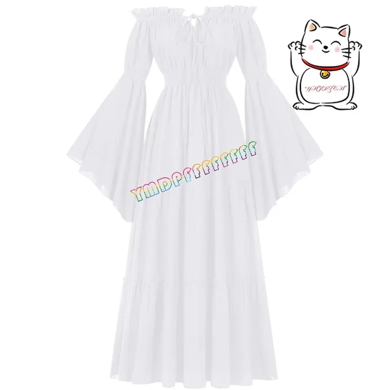 In stock medieval one collar open shoulder lotus leaf edge cosplay long sleeved Renaissance and floor length skirt Ha