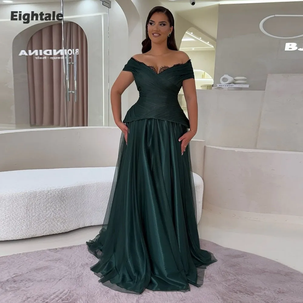 

Eightale Arabic Prom Dresses Dark Green Customized Pleats A-Line Lace Off the Shoulder Mermaid Evening Gown Party Dress