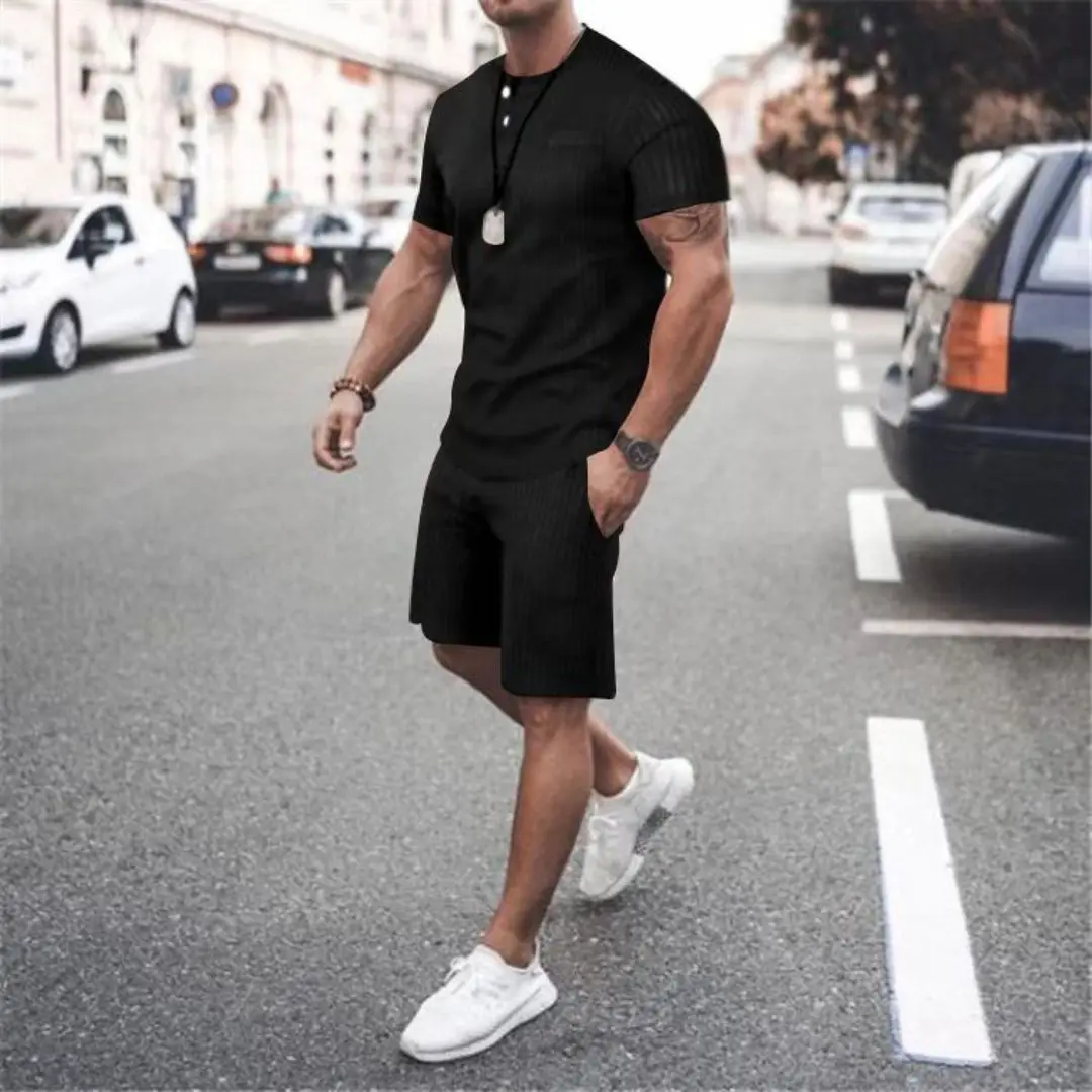 

Summer new men's casual suit vertical stripes button V-neck short sleeve shorts men's running casual suit men