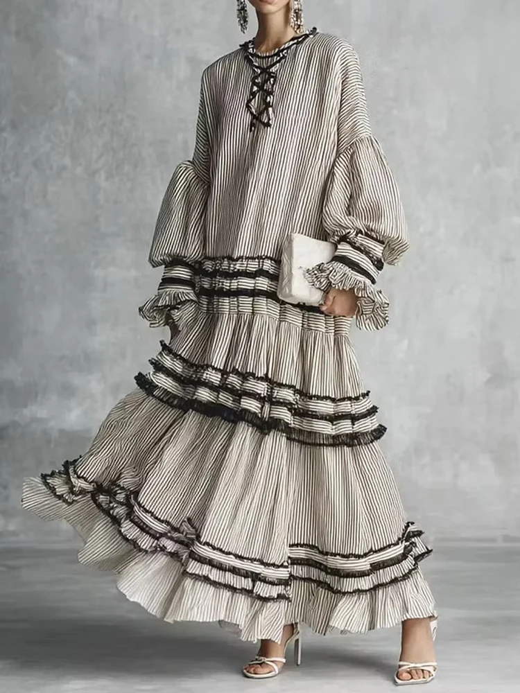Autumn Long Sleeve Turn-Down Collar Vintage Ruffles Party Dress Women Solid Button Patchwork Loose Casual Maxi Dress Streetwear
