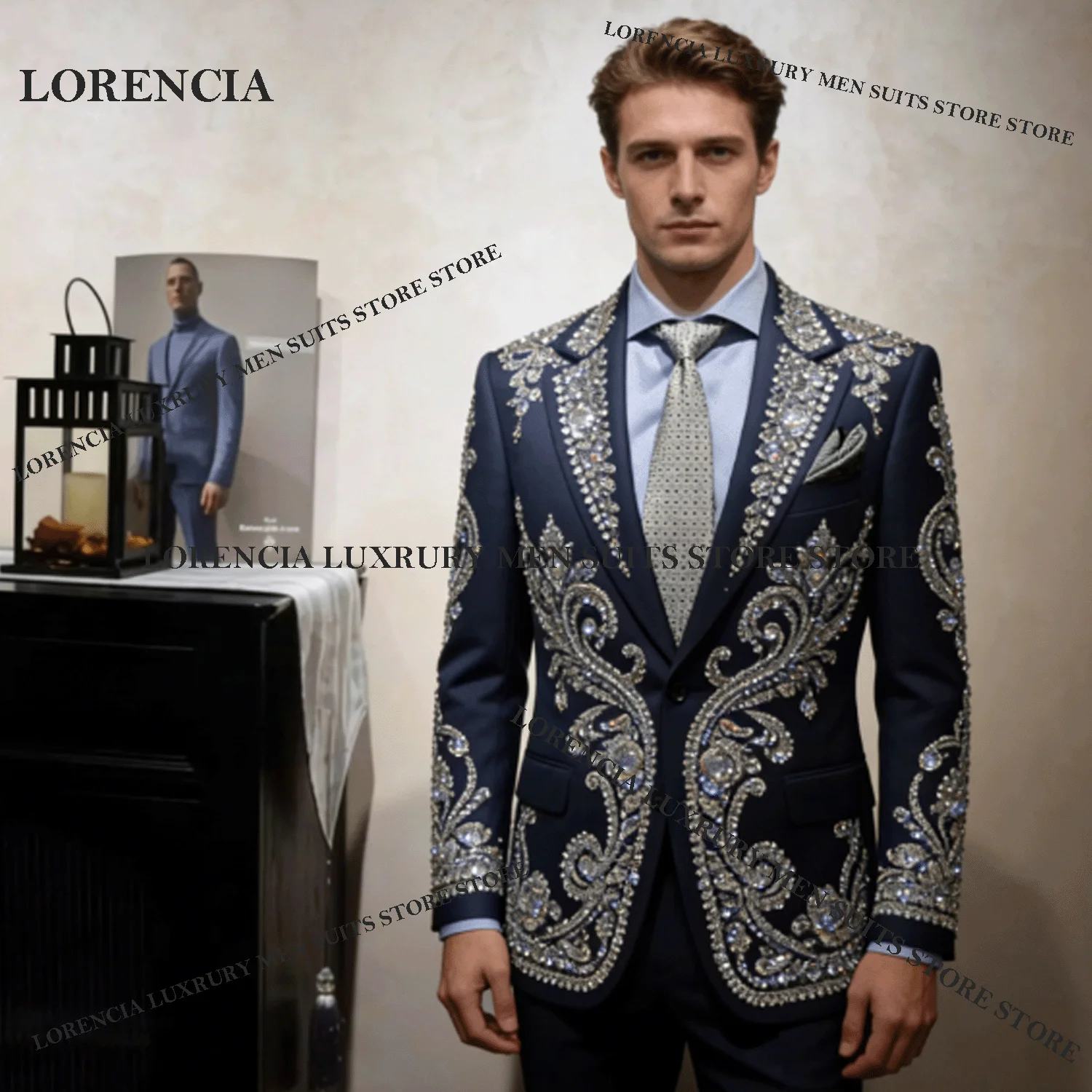 High End Diamond Crystal Men Suits Customized Sequin Beading Evening Tuxedos Slim Ropa hombre 2 Pieces Sets Groom Male Blazers