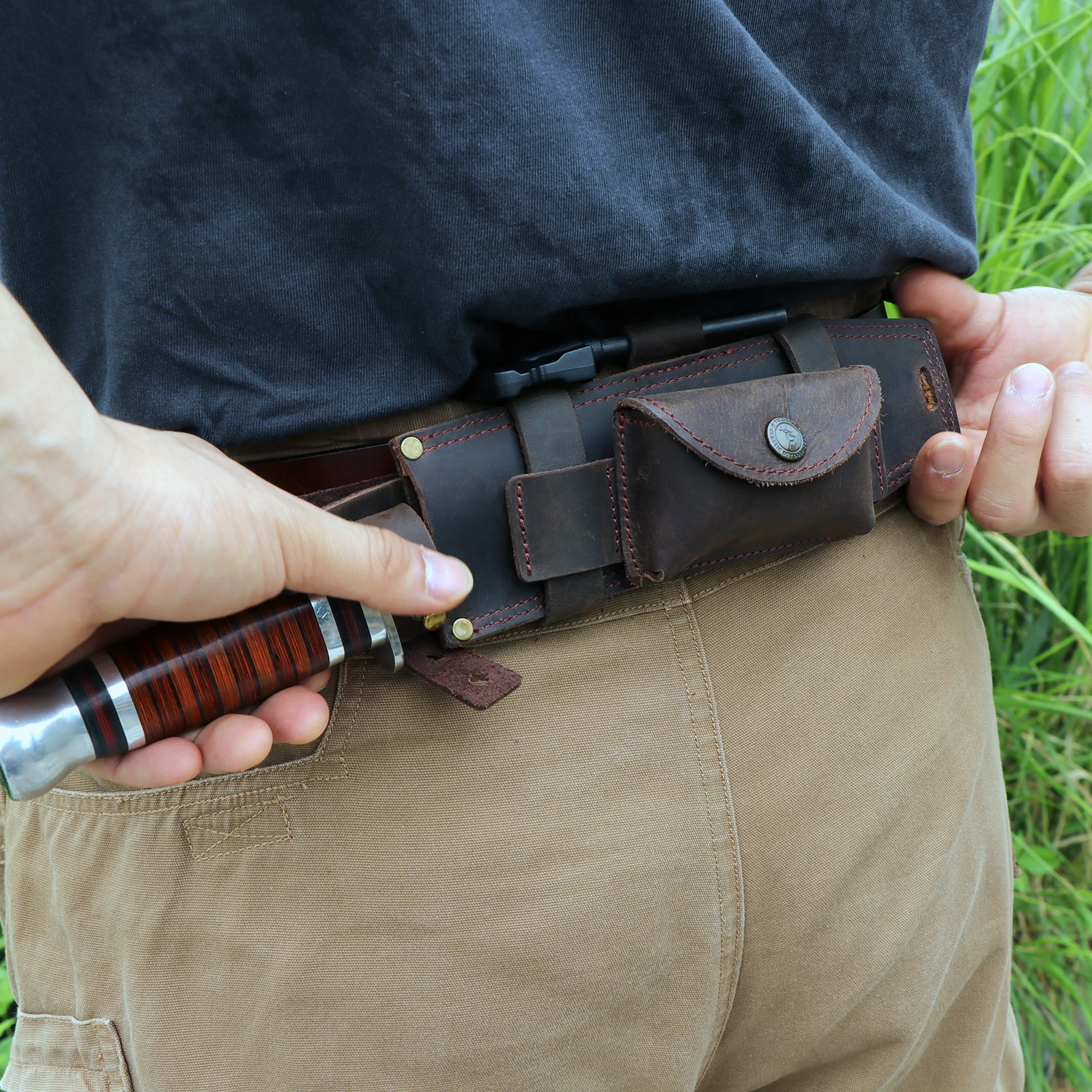 Tourbon Camping-Ledermesserhülle Jagd-Mehrzweck-Festklingentasche mit Feuerstarter-Schlitz für Gürtel (ohne Messer) – Detail 7