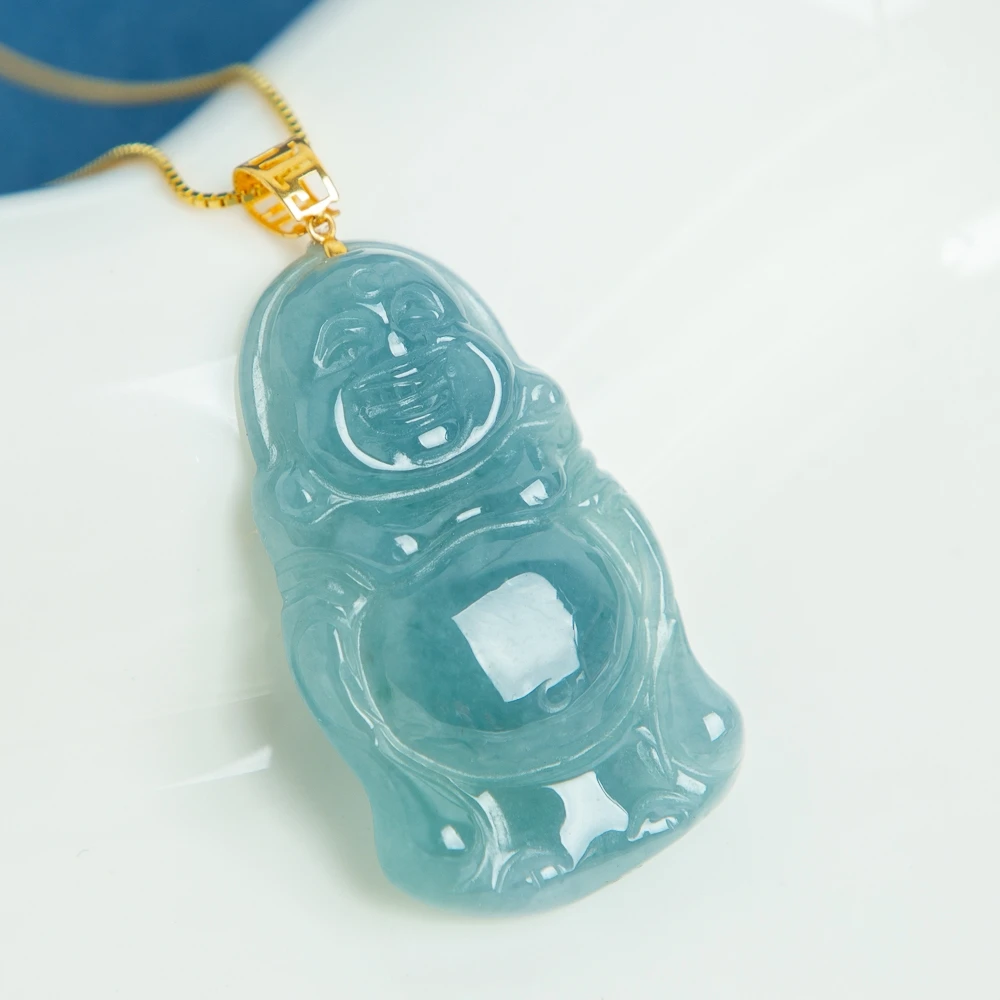 

TIMESWIND Blue Natural A-type Jade Standing Buddha Pendant S925 Silver Women Necklace with Certificate