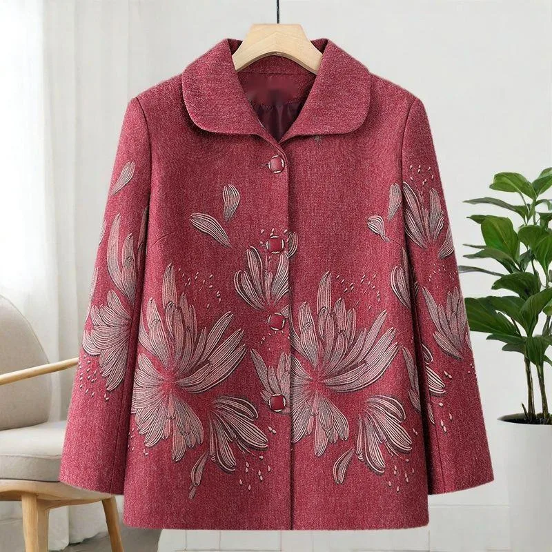

Middle-aged And Elderly Women Printed Coats 2025 Spring Autumn Outwear Grandma Lapel Collar Fashionablelong Sleeve Jacket