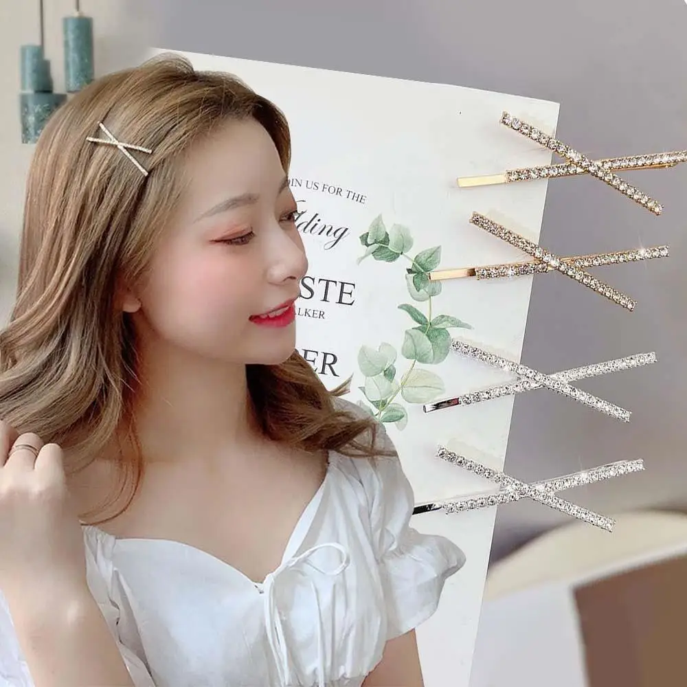 

Cross Crystal Hairpin X Shape Bangs Decor Sweet Side Clip Gold Silver Color Hairgrips Hair Accessory Rhinestone Metal Hair Clip