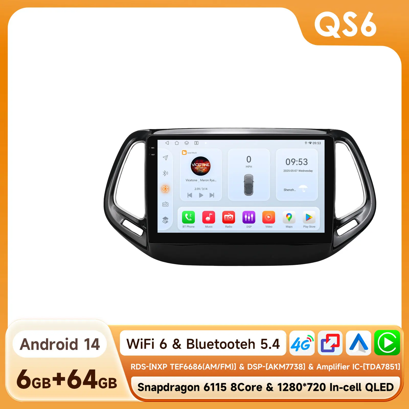 Hizpo Auto Android 14 voor Jeep Compass 2017-2020 Auto Radio Multimedia Speler GPS Navigatie Carplay Stereo 4G BT Geen 2din DVD AI