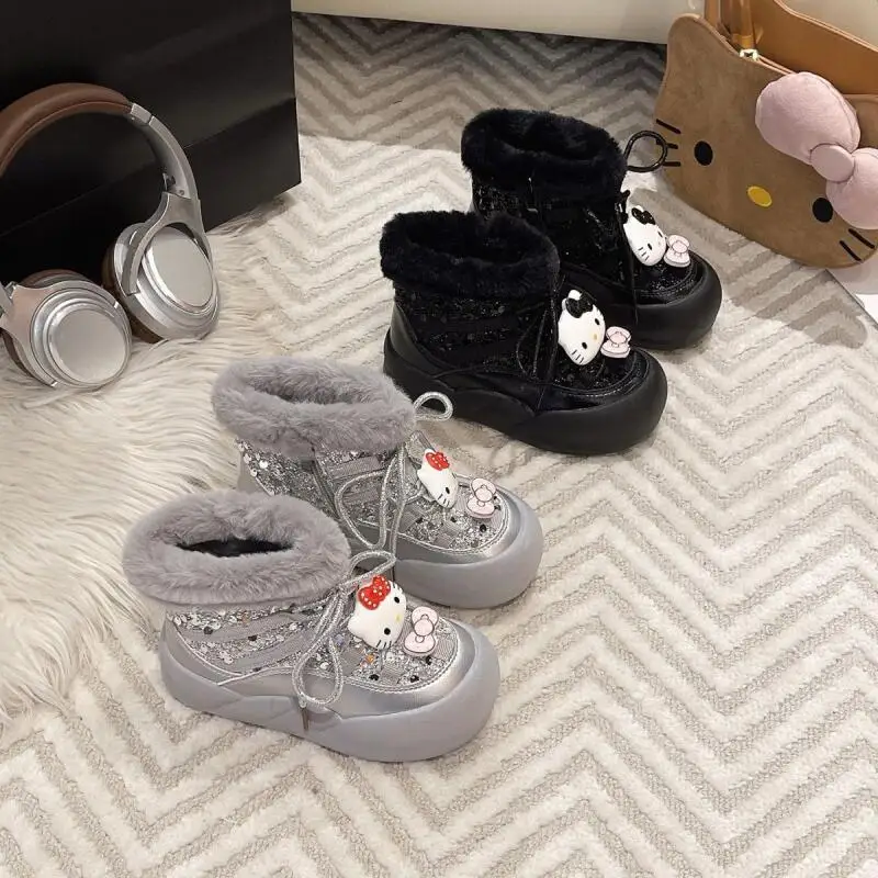 

Hot Sanrio Hello Kitty Girl Winter Fashion Thicken Cotton Boots Student Fleece-Lined Cartoon Child Non-Slip Snow Boots New Style