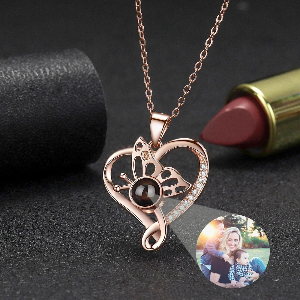 Collar personalizado con foto de proyección para mujer, colgante de mariposa y corazón, cadena de plata de ley 925, regalo conmemorativo