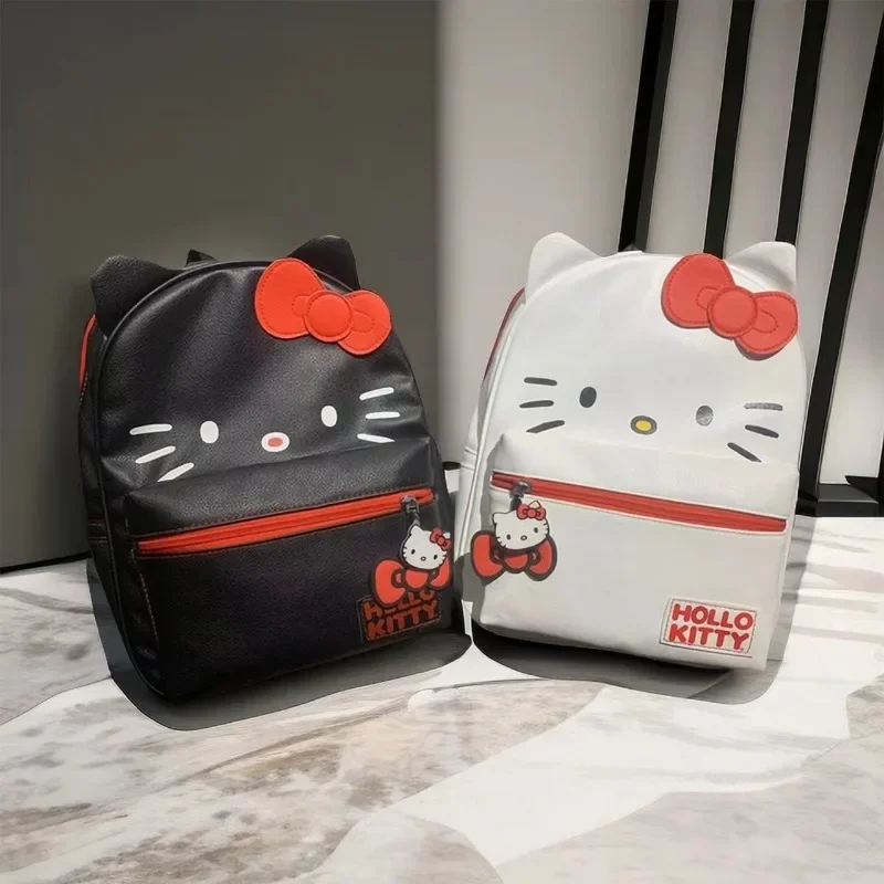   Kawaii Pu кожаный рюкзак Hello Kitty для женщин, школьная сумка для девочек, большая вместимость, черный, белый цвет, модный, высокое качество