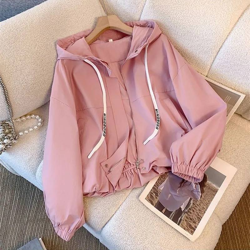 Women's Windbreaker 2024 Spring New Korean Wild Loose Hooded Fashion Pink Jacket Female Student Windbreaker Coat Lining