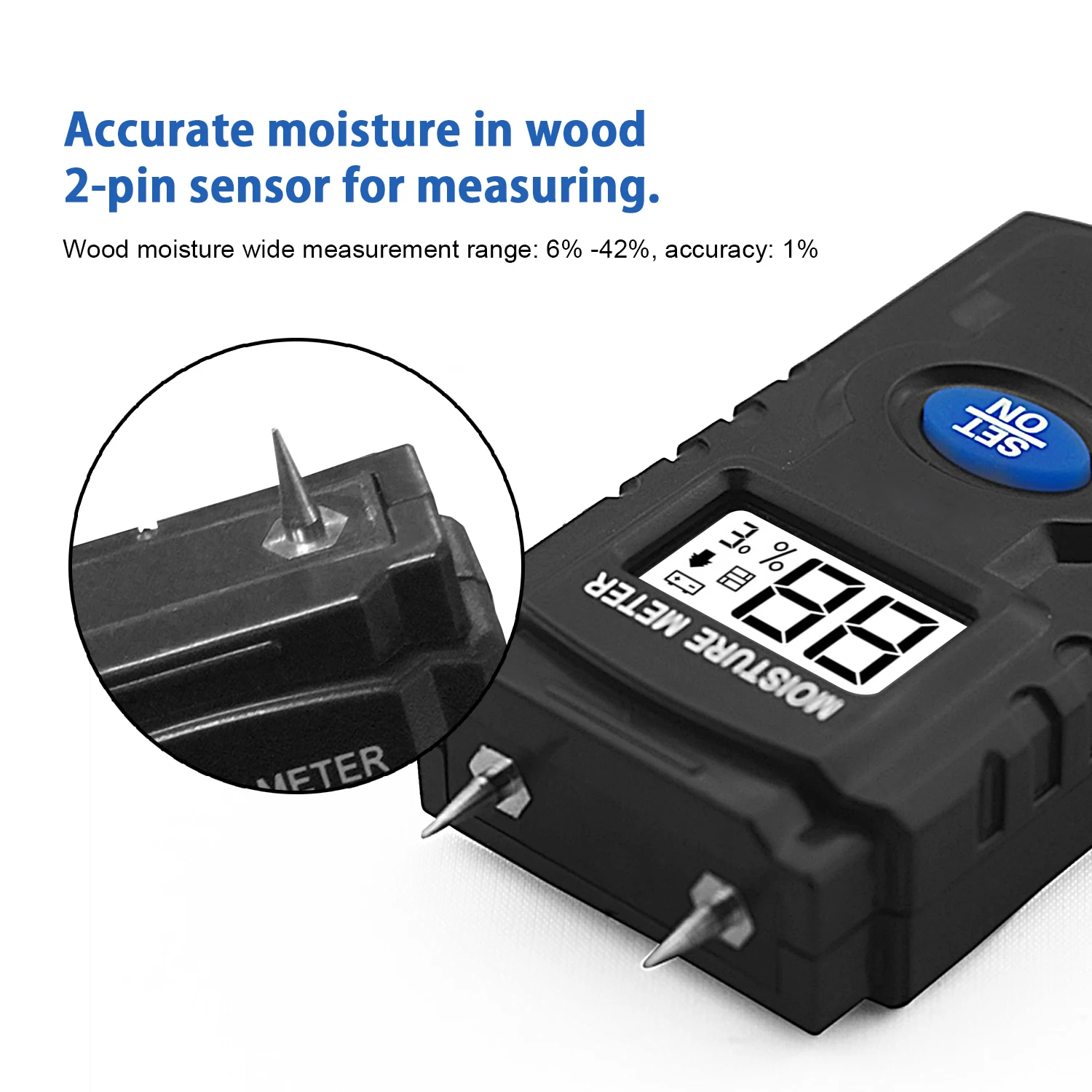 3-in-1 Digital Wood Moisture Meter,Two Pin Wood Humidity Tester Mini Timber Damp Detector with Large LCD Display,HoldPeak HP-2GD