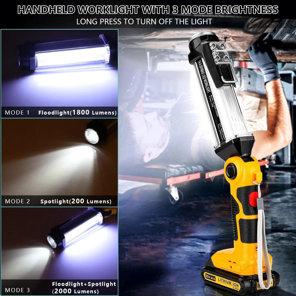 

2000LM LED Work Light for Dewalt Flashlight 20V MAX Lithium BatteryPortable Light 3 Modes for Camping Car Repairing Emergency