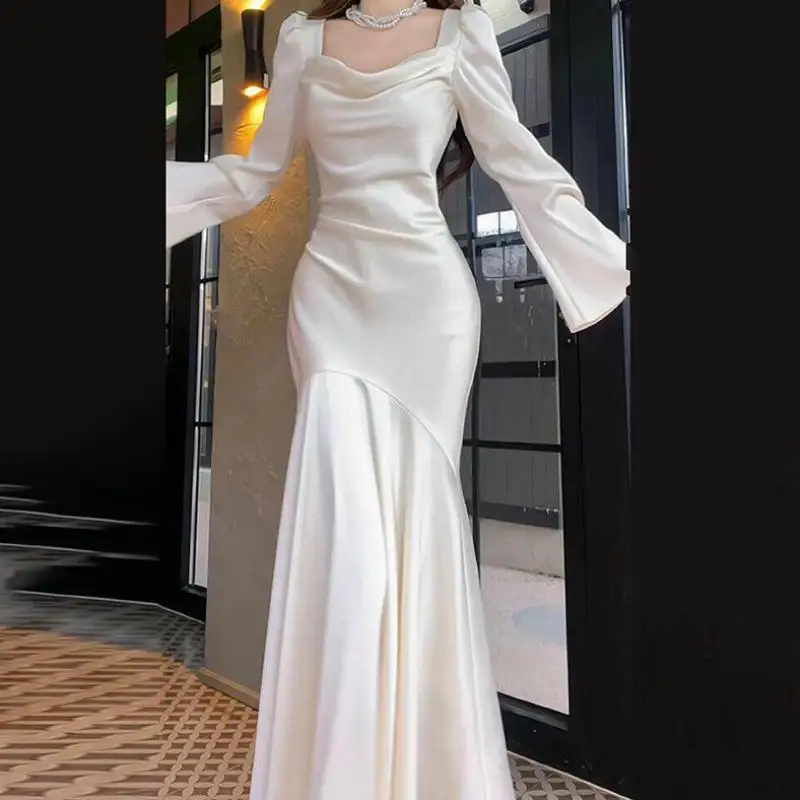 Simple And Elegant Light Satin Mermaid Wedding  Square Collar Long Flare Sleeves Bridal Dresses Gowns Vestido Novia Customized