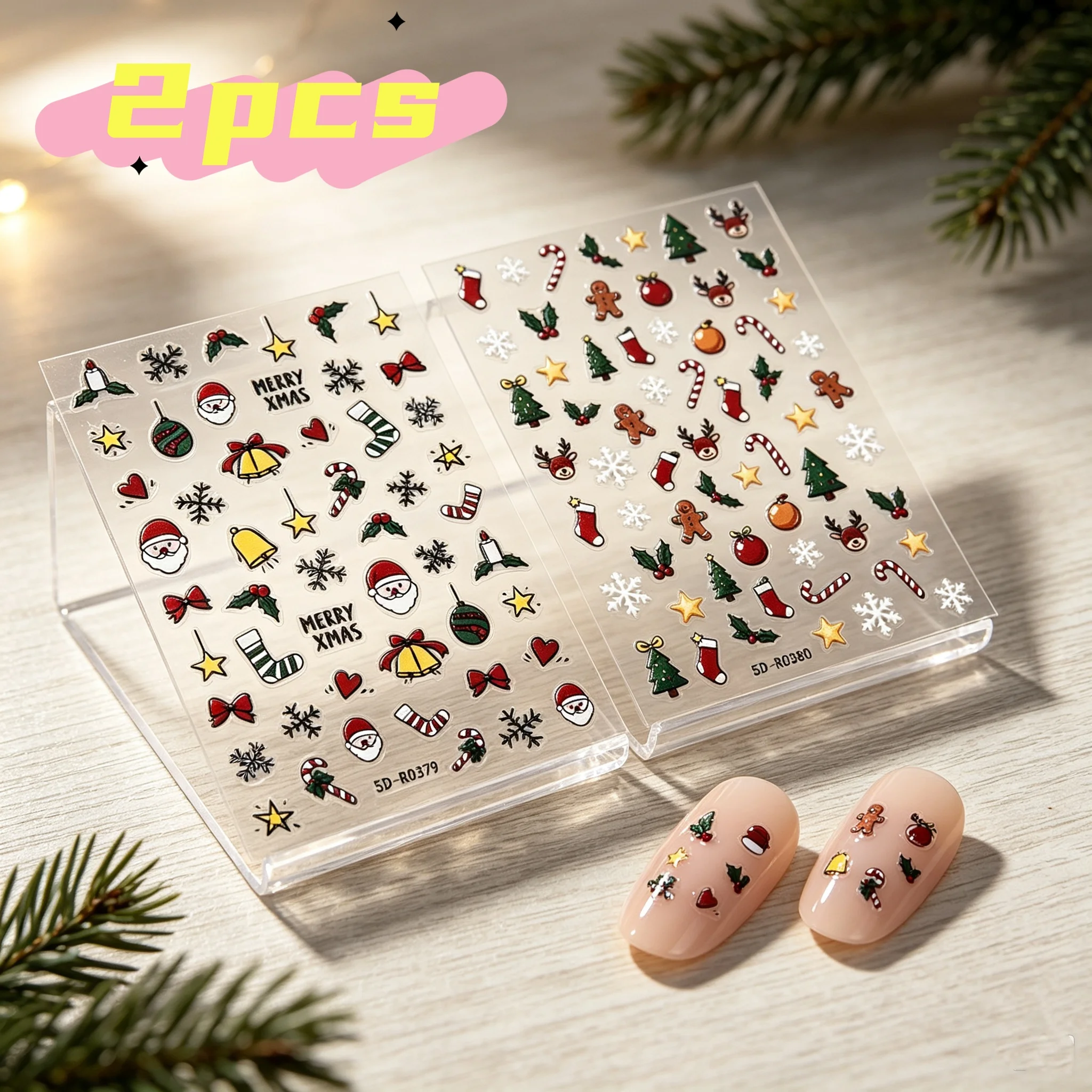 2Pcs Multi‑Pattern Santa Gingerbread Tree Snowflake Nail Art Decal Christmas Themed Nail Stickers New Year Xmas Holiday Manicure