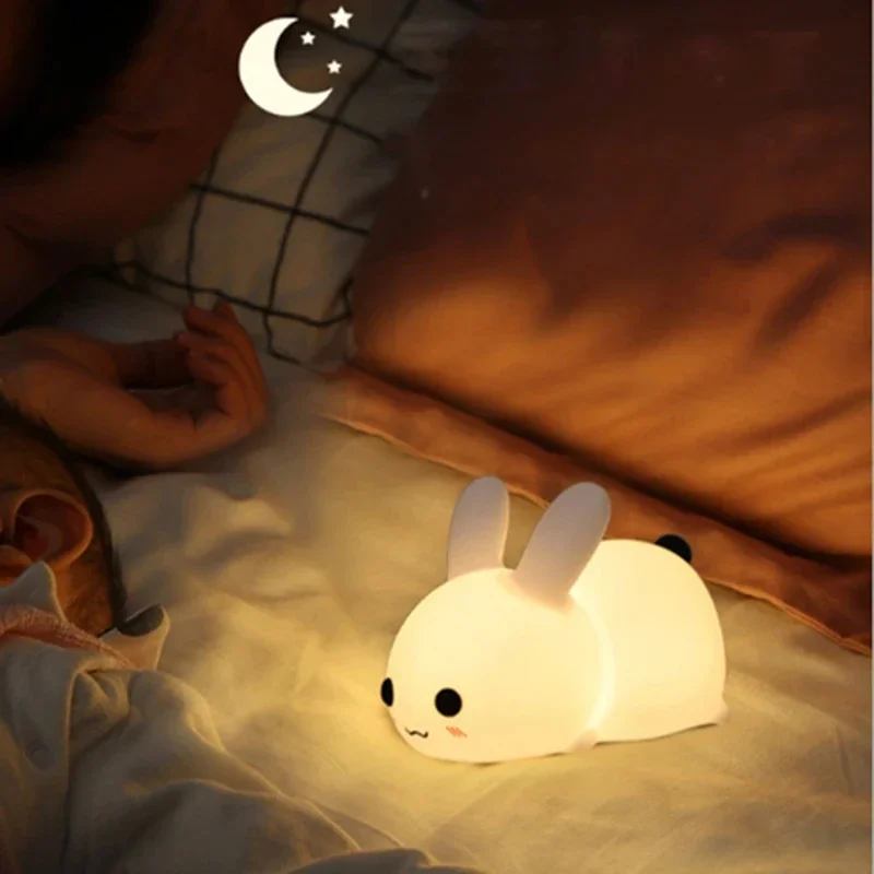 Veilleuse lapin mignon en silicone aste par USB, lampe de chevet chronométrée, décoration d'intérieur, veilleuse pour enfants, cadeau d'anniversaire pour bébé