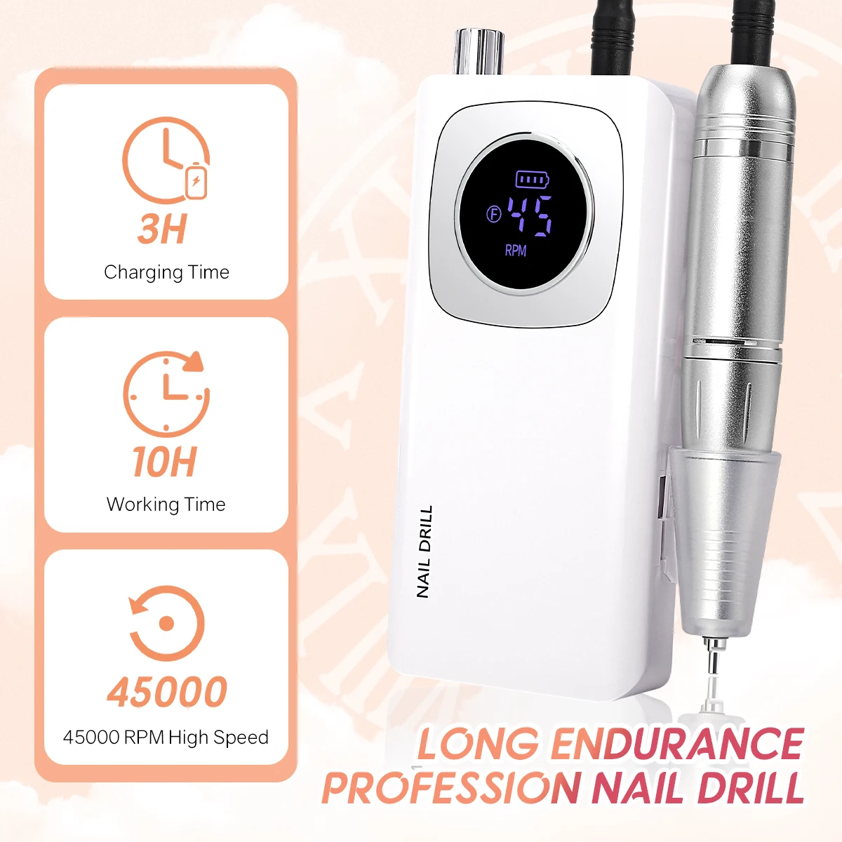 45000RPM Professional Rechargeable Electric Nail Drill Machine Portable Cordless Nail File For Acrylic Gel Nails Remove