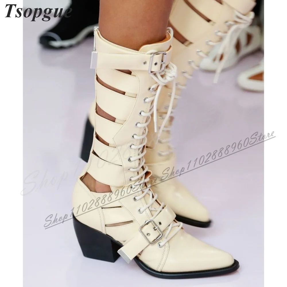 

Mid Calf Beige Cross Tied Buckle Strap Boots Thick Heel Women Shoes Back Zipper Pointed Toe 2024 Fashion Zapatos Para Mujere