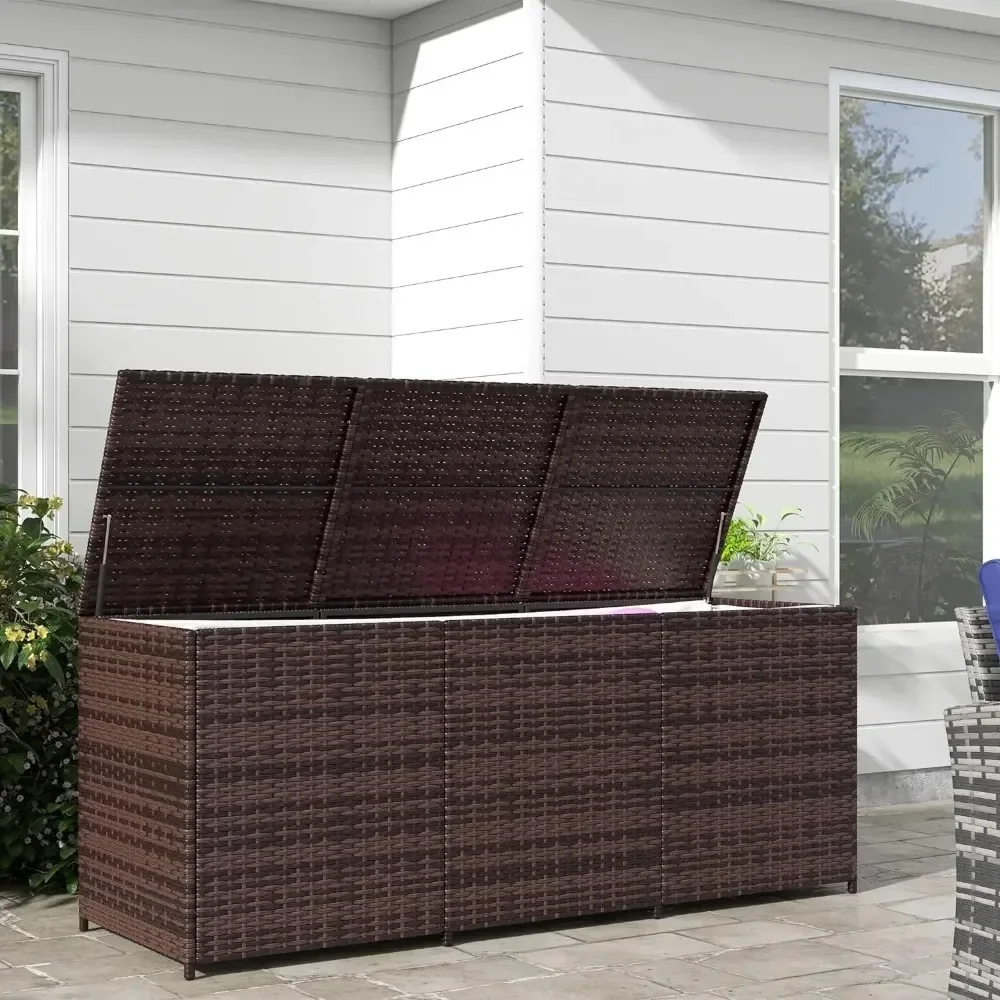 Outdoor Storage Box w/ Inner Liner, PE Rattan Wicker Deck Box w/ Pneumatic Bar Lift for Indoor&Outdoor, Patio Furniture Cushions