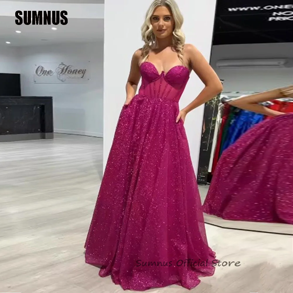 

SUMNUS Fuschia Glitter A-Line Sweetheart Formal Prom Dresses Sleeveless Empire Evening Floor Length Birthday Party Gowns