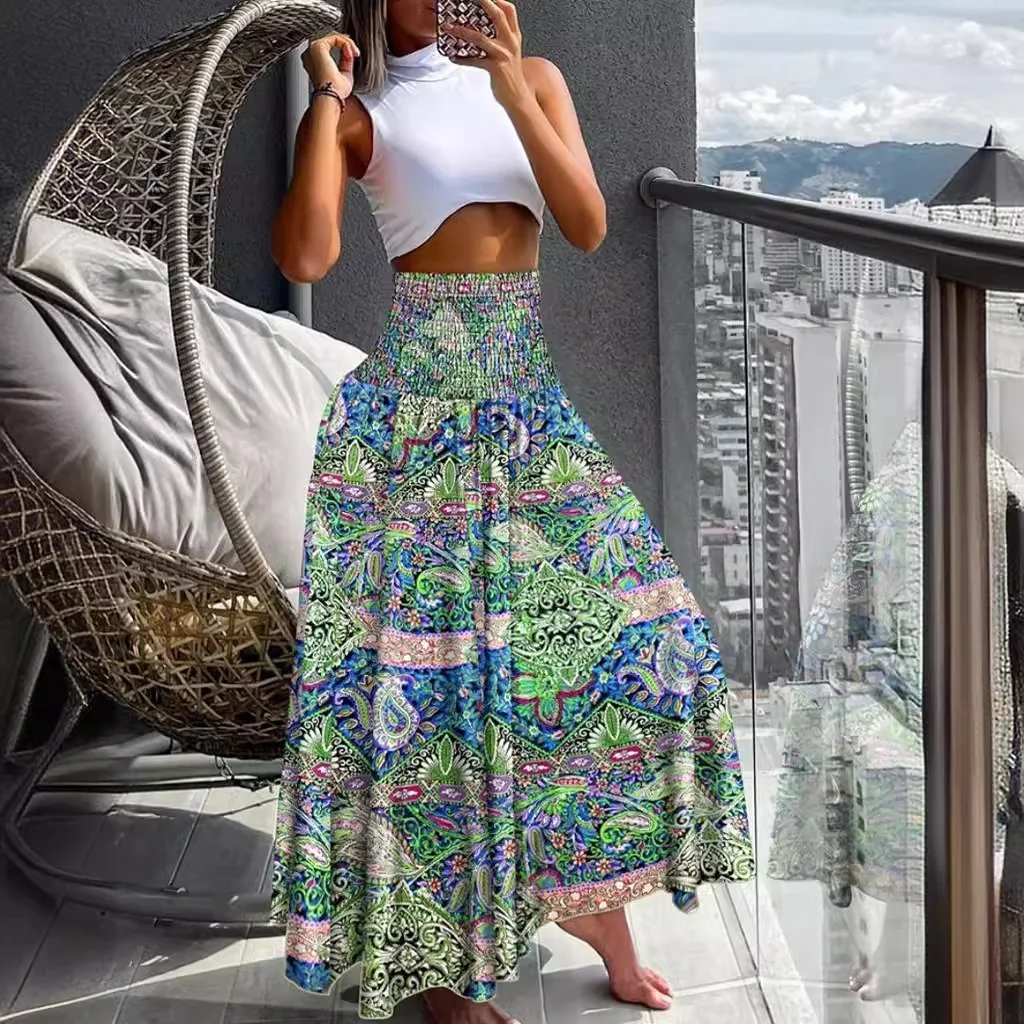 Summer Print Vintage Skirt Women Fashion Hight Waist Floral Dress Boho Holiday Party Skirt Robe Feame