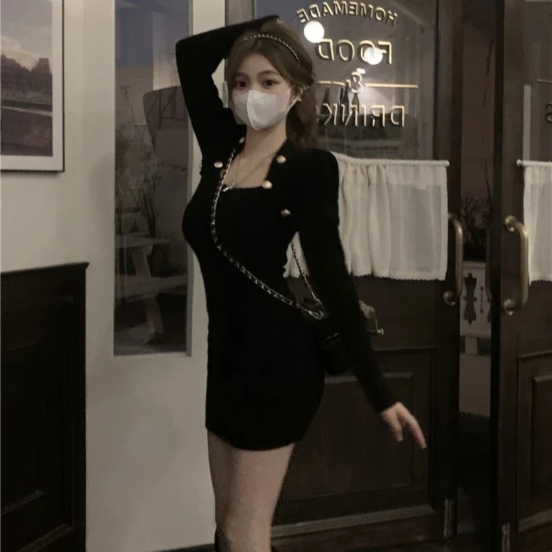 Sukienka damska dzianinowa niebieska elegancka podstawowa cool Harajuku koreańska jesień zima wyprzedaż Y2k obcisła sukienka szydełkowa damska