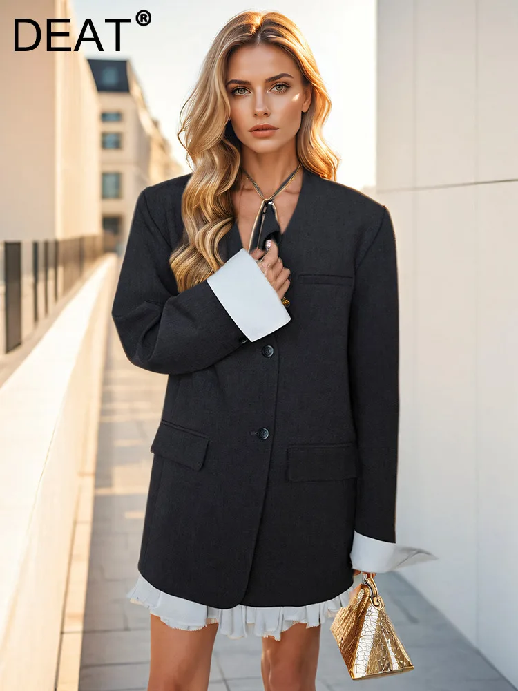 

DEAT Fashion Women's Blazer V-neck Contrast Color Patchwork Long Sleeves Single Breasted Suit Jackets Autumn 2024 New 7AB4967