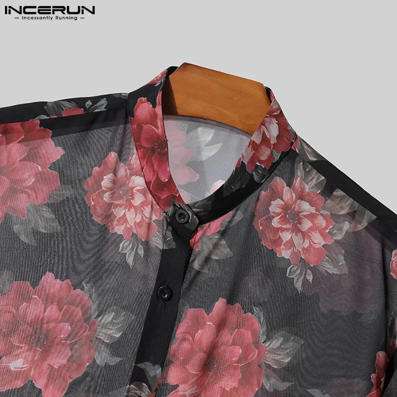 INCERUN Men Shirt Flower Printing Stand Collar Transparent Summer Men Clothing Streetwear 2024 Sexy Fashion Casual Camisas S-5XL