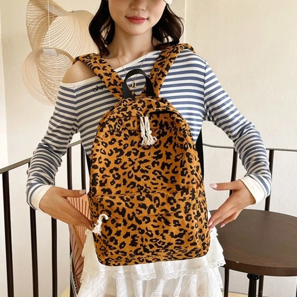 Corduroy Leopard Print Backpack Lightweight Harajuku Students School Bag Ulzzang College Style Students Daypack Daily