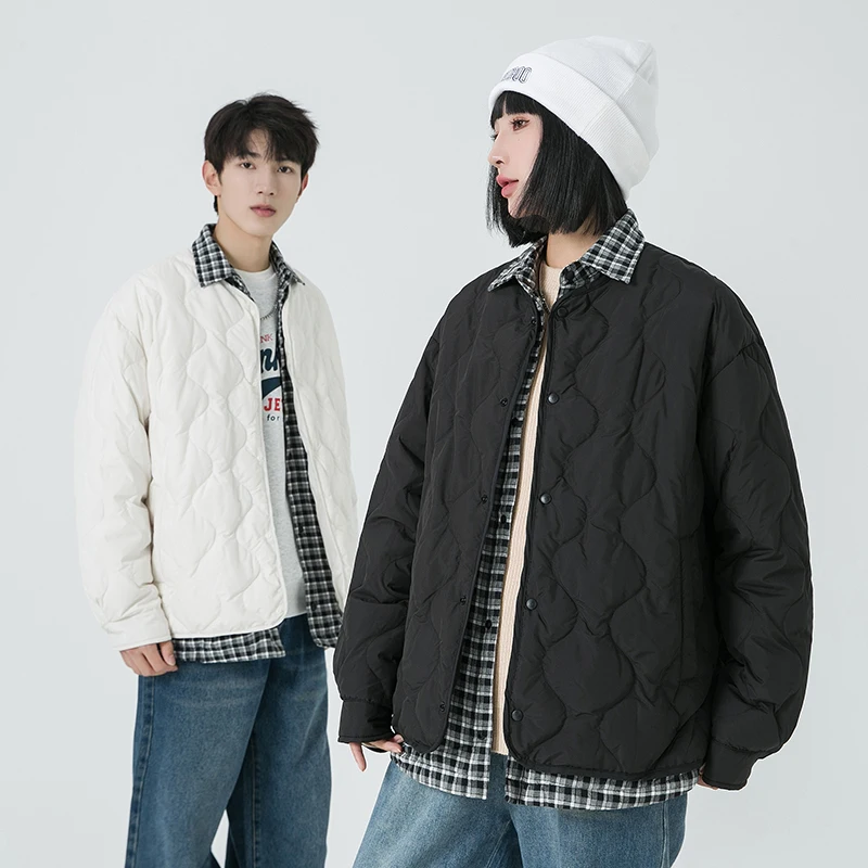 Men Down Jacket Lattice Turndown Collar Outdoor Riding Warm Puffer Jacket Leisure Streetwear Windproof Winter Coat