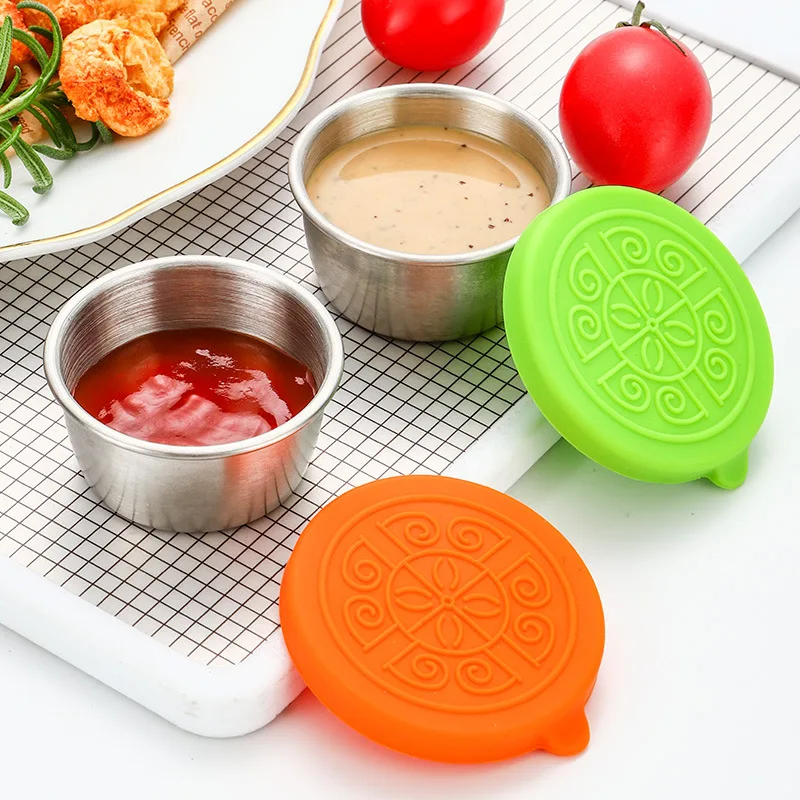 40ml 304 Stainless Steel Sauce Cup with Lid Sauce Cup Silicone Lid Leak Proof Salad Tomato Sauce Instant Seasoning Dish