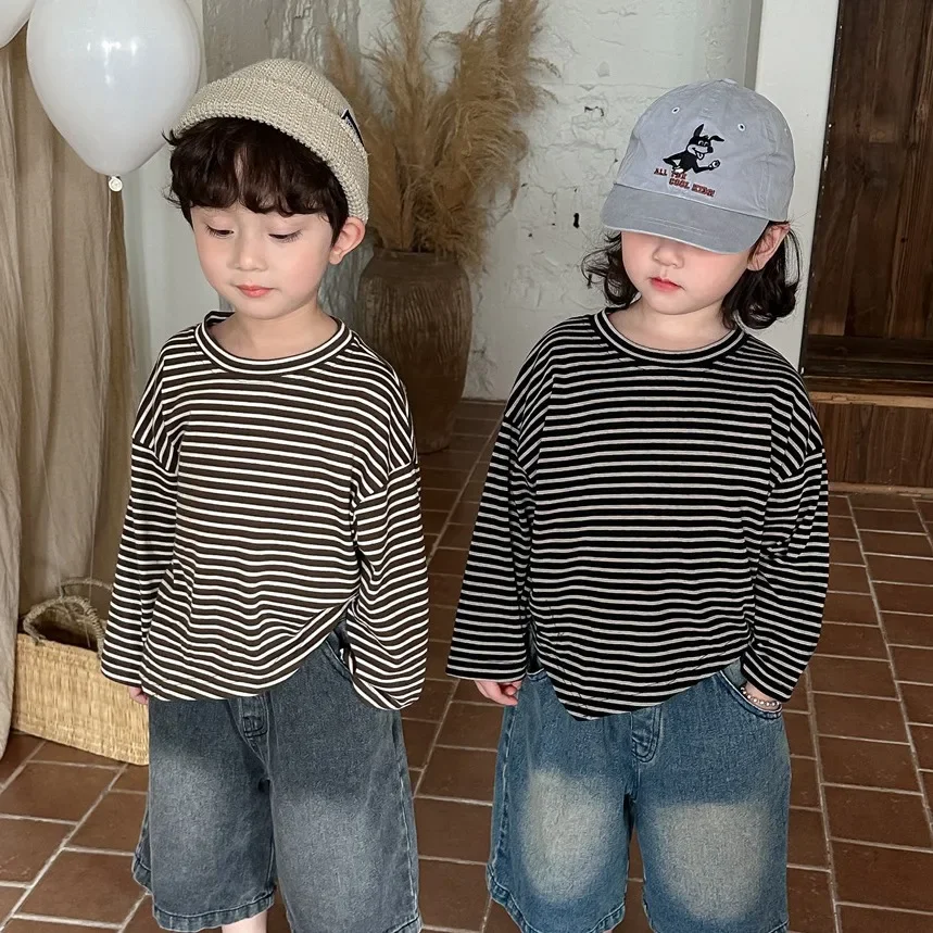 

2024 Spring New Children Long Sleeve T Shirts Baby Striped Tee Shirt Boys Girls Cotton Tops Kids Casual Clothing Toddler Clothes