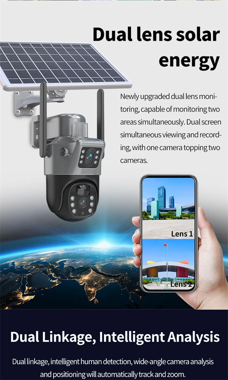 4MP 4G WIFI Solar Kamera Dual Objektiv Dual Screen Outdoor Wireless PTZ IP Kamera Mit Solar Panel Sicherheit Überwachung kamera – Detail 3