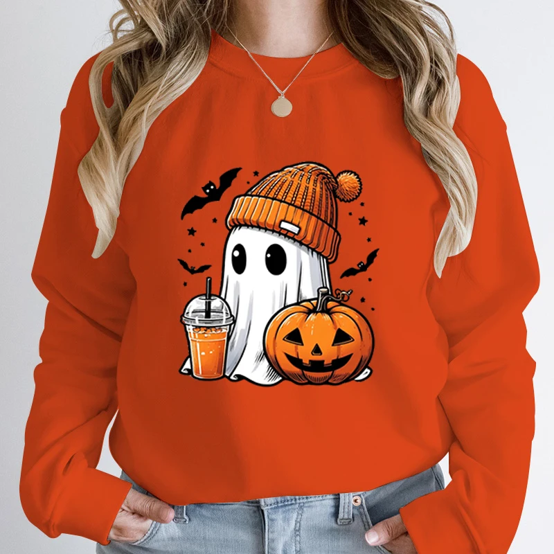 Women Fashion Creative Halloween Ghost Pumpkin Bat Print Pullovers Ladies Long Sleeves Halloween Hoodeless Sweatshirts