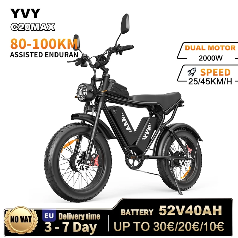 Vélo électrique YVY C20Max 2000W à double moteur pour adultes, batterie double 52V 40Ah, pneus larges 20"*4.0", vélo électrique tout-terrain longue portée