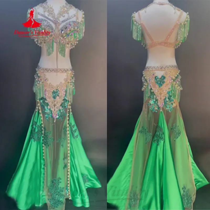 

BellyDance Set Customized Senior AB Stones Fringe Bra+luxury Rhinestone Satin Long Skirt 2pcs Oriental Dance Performance Costume