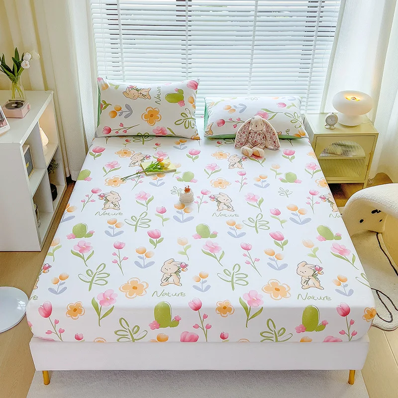 Tulip Floral Rabbit Fitted Sheet with 2 Pillowcases Cotton Cartoon Bunny Flower Deep Pocket Bed Sheet for Kids Girls Room Decor