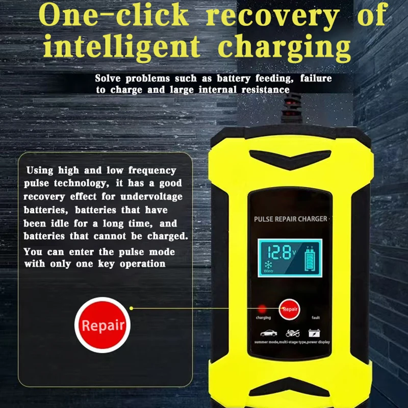 자동차 오토바이용 납산 배터리 충전기, 12V, 6a, 완전 자동, 12V, LCD 디스플레이, 악어 클립