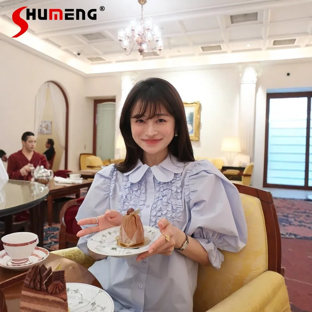 

Женская приталенная блузка с короткими рукавами-фонариками, весна-лето 2026, элегантная, с оборками, для девушек, топы, женская одежда