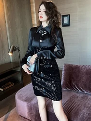 New Spring Autumn Fashion Women Evening Dress Temperament FormalSparkly Sequin Black Slim Mini Party Prom Street Vestidos