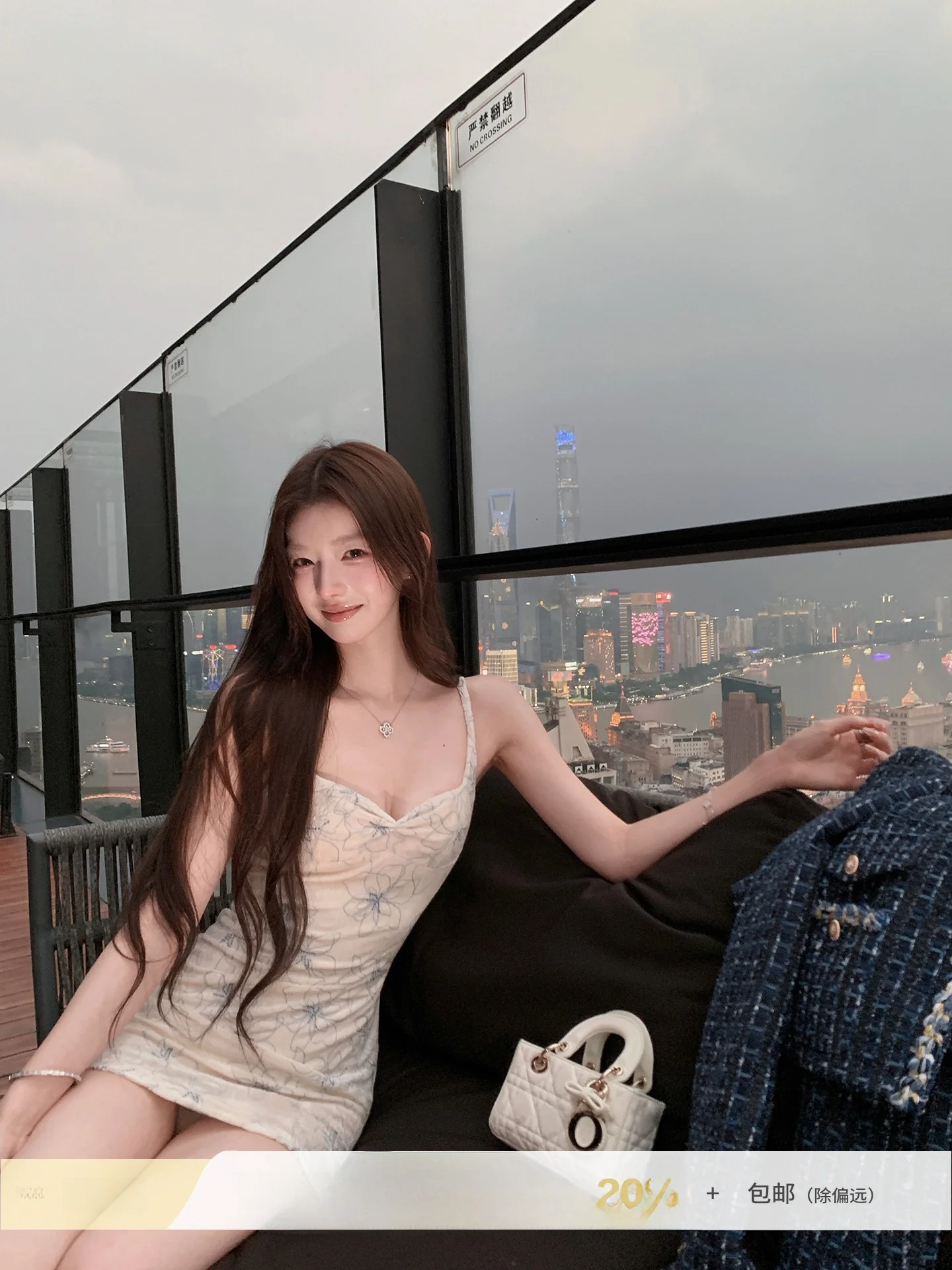 YOLI Blue Paris V-neck Dress Women's Slim Fit Short Skirt Casual Style Polyester Fiber No Sleeve Summer Autumn Fashion Dress