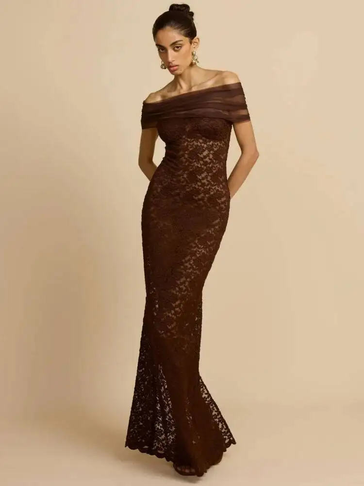 Blifanbo Elegant Off-Shoulder Lace Patchwork Maxi Dress Women Sexy Backless Slim Sleeveless Party Evening Dress Autumn Vestidos