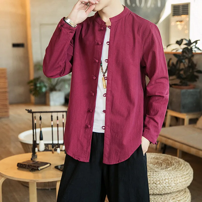 Linen Shirts For Men Chinese Style Long Sleeve Retro Buttoned Shirt Solid Color Stand-up Collar Loose Shirts Plus Size