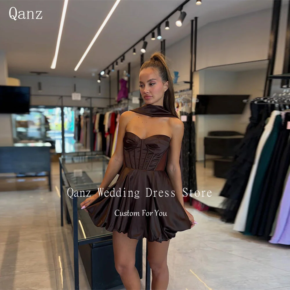 

Qanz Brown Mini Prom Dresses Sweetheart Satin Short A Line Robe De Soiree Femme Chic élégante Party Prom Dress Customized